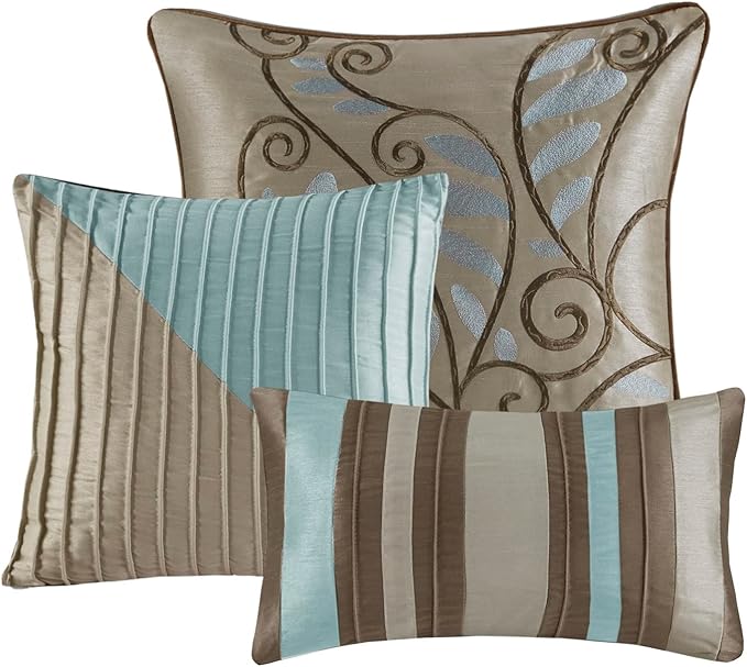Madison Park Amherst Faux Silk Comforter Set-Casual Contemporary Design All Season Down Alternative Bedding, Matching Shams, Bedskirt, Decorative Pillows, King(104"x92"), Blue, 7 Piece (MP10-043) - LeafyLoom
