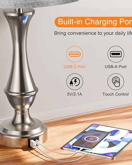 Touch Lamps for Bedrooms Set of 2 - Nightstand Table Lamp with USB C+A, 3 Way Dimmable Bedside Lamps for Living Room End Tables Set of 2, Farmhouse Night Stand Lamps(Grey&Nickel) - LeafyLoom