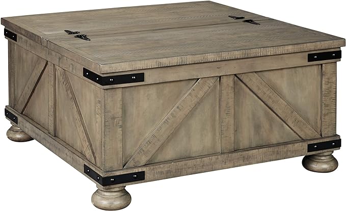Signature Design by Ashley Aldwin Farmhouse Square Coffee Table with Lift Top for Storage, Grayish Brown, 36 in x 36 in x 18 in - LeafyLoom