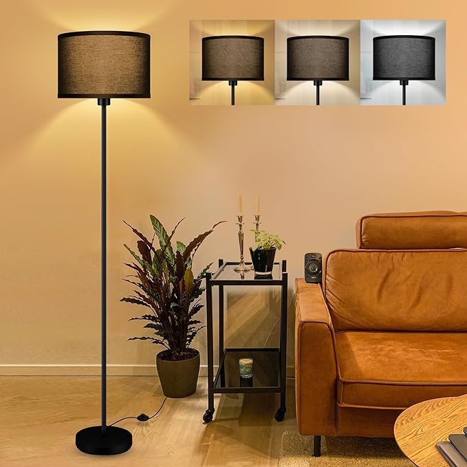 Black Floor Lamps for Living Room Bedroom, Bright Modern Standing Lamp with 3 Color Temperatures(9W Bulb), Black Lamp Shade, 59" Tall, Footswitch, Simple Reading Floor Lamps Corner Lamp for Office/Den - LeafyLoom