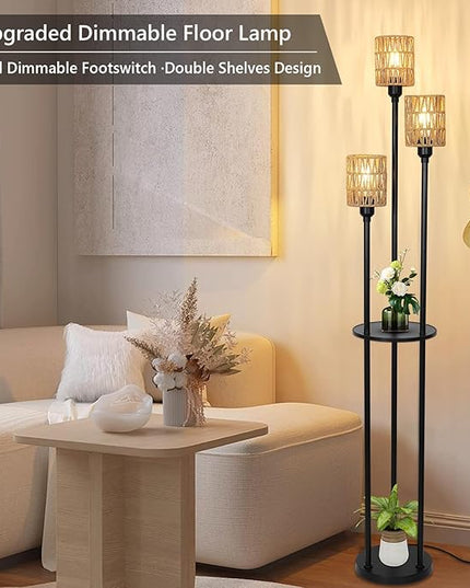 Dimmable Boho Floor Lamps for Living Room, 3-Lights Farmhouse Floor Lamp with 3-Way Foot Switch, Rattan Floor Lamp with Shelves, Rustic Standing Lamp with Rattan Shades, Tall Lamps for Bedroom - LeafyLoom