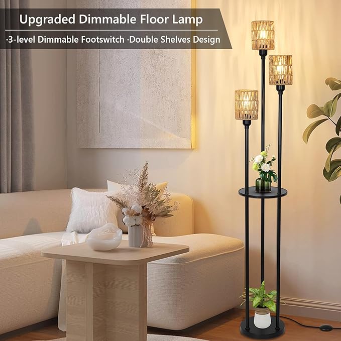 Dimmable Boho Floor Lamps for Living Room, 3-Lights Farmhouse Floor Lamp with 3-Way Foot Switch, Rattan Floor Lamp with Shelves, Rustic Standing Lamp with Rattan Shades, Tall Lamps for Bedroom - LeafyLoom