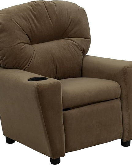 Flash Furniture Chandler Microfiber Kids Recliner with Cup Holder and Safety Recline, Contemporary Reclining Chair for Kids, Supports up to 90 lbs., Brown - LeafyLoom