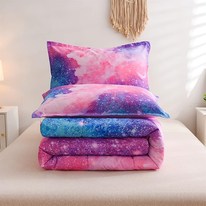 A Nice Night Galaxy Bedding Sets Outer Space Comforter 3D Printed Space Quilt Set Full Size Glitter Pink Color,for Children Boy Girl Teen Kids - LeafyLoom