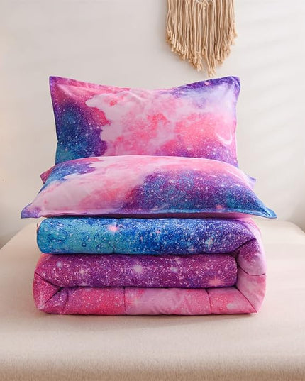 A Nice Night Galaxy Bedding Sets Outer Space Comforter 3D Printed Space Quilt Set King Size Glitter Pink Color,for Children Boy Girl Teen Kids - LeafyLoom