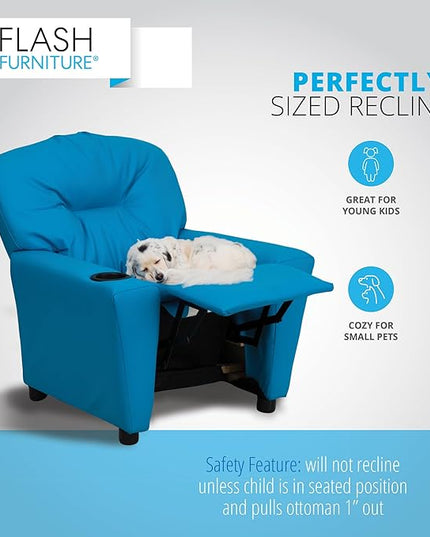Flash Furniture Chandler Vinyl Kids Recliner with Cup Holder and Safety Recline, Contemporary Reclining Chair for Kids, Supports up to 90 lbs., Turquoise - LeafyLoom