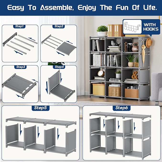 Mavivegue Book Shelf, 12 Cube Storage Organizer, DIY Bookcase, Metal Cube Bookshelf, Cubbies Closet Storage Organizer Shelves for Bedroom,Living Room,Home,Office - LeafyLoom