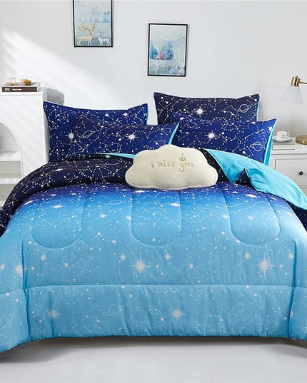 KAKKI Blue Ombre Glitter Galaxy Comforter Set Queen for Boys Girls, Sparkle Constellation Starry Sky Comforter for Kids Teen, 3pc Soft Bedding with 2 Pillow Cases for All Season - LeafyLoom