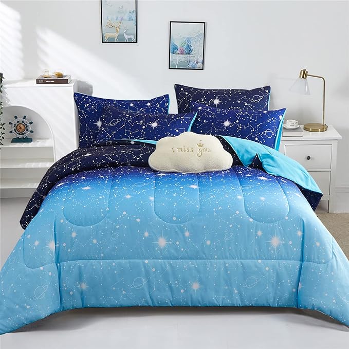 KAKKI Blue Ombre Glitter Galaxy Comforter Set Queen for Boys Girls, Sparkle Constellation Starry Sky Comforter for Kids Teen, 3pc Soft Bedding with 2 Pillow Cases for All Season - LeafyLoom