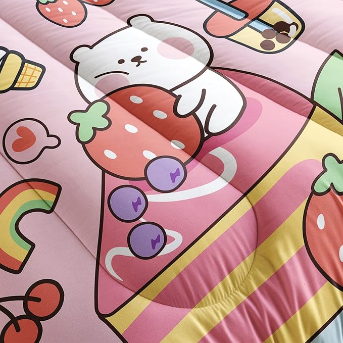 Kawaii Bear Comforter King,Pink Bear Comforter Set for Kids Teens Girls,3Pcs Bedding Set Printed Comforter with 2 Pillowcases,Down Alternative,Soft and Lightweight，King Size - LeafyLoom