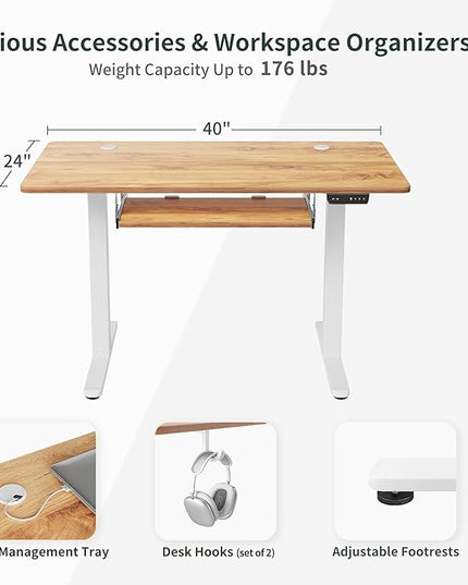 BANTI 40" x 24" Height Adjustable Electric Standing Desk with Keyboard Tray, Sit Stand up Desk with Splice Board, White Frame/Light Rustic Brown Top - LeafyLoom