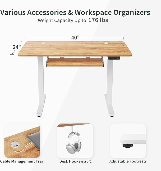 BANTI 40" x 24" Height Adjustable Electric Standing Desk with Keyboard Tray, Sit Stand up Desk with Splice Board, White Frame/Light Rustic Brown Top - LeafyLoom