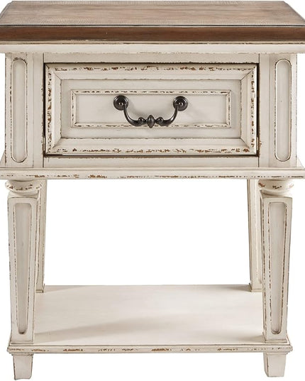 Signature Design by Ashley Realyn Traditional Cottage 1 Drawer Nightstand with Dovetail Construction & Open Display Shelf, Chipped White, Distressed Brown - LeafyLoom