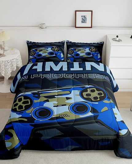 Boys Gamepad Comforter Set Full Size Teens Gamer Bedding Set Retro Blue Camouflage Video Game Controller Comforter for Kids Youth Bedroom Decor Gamer Console Action Buttons Duvet Set Microfiber - LeafyLoom