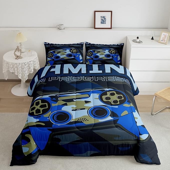 Feelyou Boys Gaming Comforter Set King Size Teens Gamer Bedding Set Retro Blue Camouflage Video Game Controller Comforter for Kids Decor Gamer Console Action Buttons Duvet Set Microfiber Boys - LeafyLoom