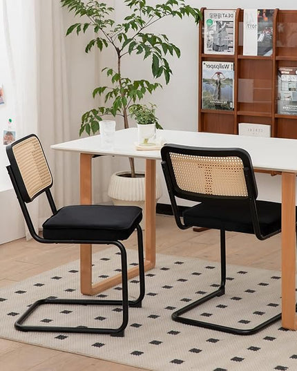 Dining Chairs Set of 2, Velvet Rattan Side Accent Chairs with Chrome Legs, Modern Mid Century Breuer Designed Chairs, Upholstered Dining Living Room Kitchen Chairs (Black-2pcs) - LeafyLoom