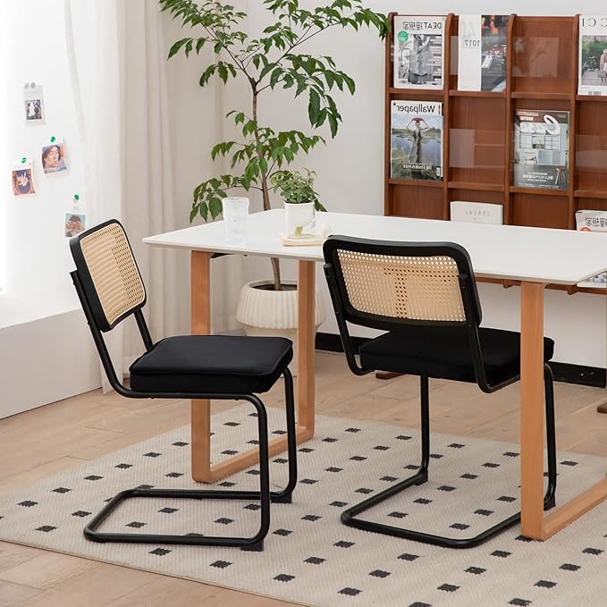 Dining Chairs Set of 2, Velvet Rattan Side Accent Chairs with Chrome Legs, Modern Mid Century Breuer Designed Chairs, Upholstered Dining Living Room Kitchen Chairs (Black-2pcs) - LeafyLoom