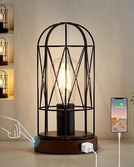 Industrial Table Lamp, Small Touch Control Edison Desk Lamp 3 Way Dimmable Vintage Bedside Lamp with AC Outlet Metal Cage Steampunk Nightstand Lamp for Living Room, Bedroom or Den - LeafyLoom