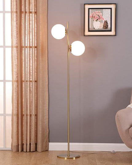 Brightech Sphere Floor Lamp for Living Room, Mid-Century Modern 2 Globe Pole Light for Bedroom, Bright LED Standing Lamps for Offices, Contemporary Living Room Décor – Gold/Antique Brass - LeafyLoom