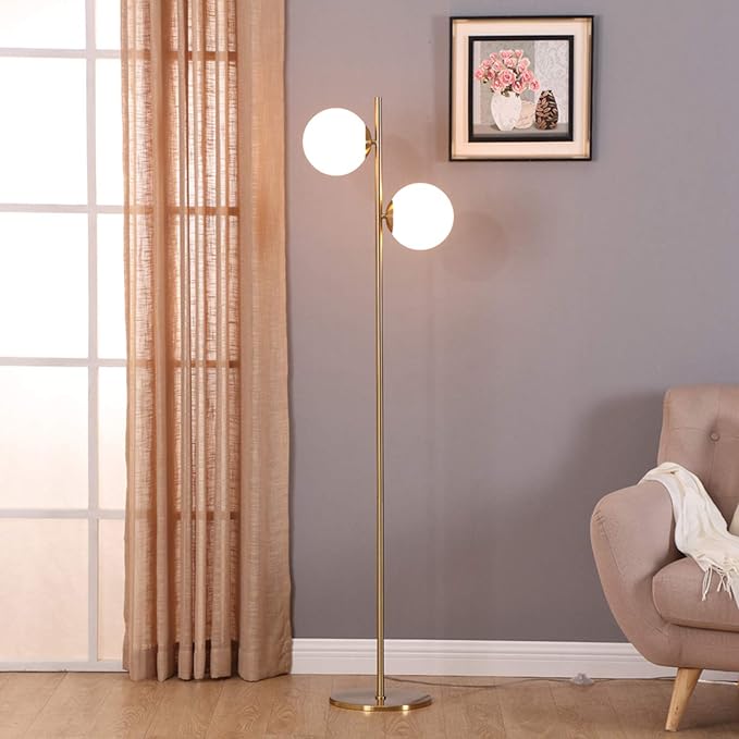 Brightech Sphere Floor Lamp for Living Room, Mid-Century Modern 2 Globe Pole Light for Bedroom, Bright LED Standing Lamps for Offices, Contemporary Living Room Décor – Gold/Antique Brass - LeafyLoom