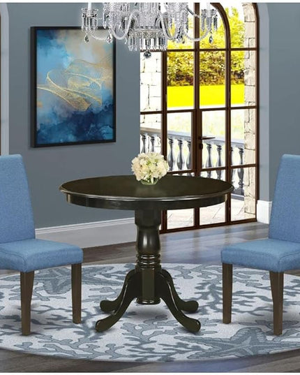 East West Furniture ANBA3-CAP-21 3 Piece Dining Set Contains a Round Kitchen Table with Pedestal and 2 Blue Color Linen Fabric Upholstered Parson Chairs, 36x36 Inch - LeafyLoom