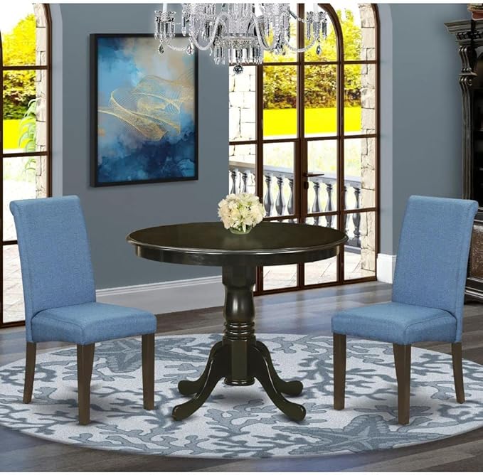 East West Furniture ANBA3-CAP-21 3 Piece Dining Set Contains a Round Kitchen Table with Pedestal and 2 Blue Color Linen Fabric Upholstered Parson Chairs, 36x36 Inch - LeafyLoom