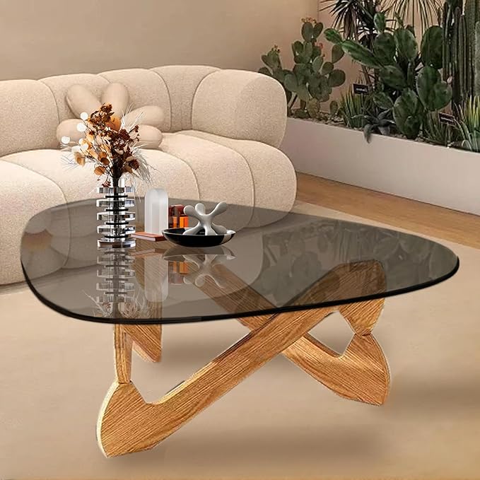 Triangle Coffee Table Glass Coffee Table for Living Room Clear Glass Coffee Table with Solid Wood Base Mid Century Modern Coffee Table for Small Spaces (Wood-Gray, 35.8in) - LeafyLoom