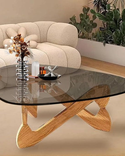 Triangle Coffee Table Glass Coffee Table for Living Room Clear Glass Coffee Table with Solid Wood Base Mid Century Modern Coffee Table for Small Spaces (Wood-Gray, 32.3in) - LeafyLoom