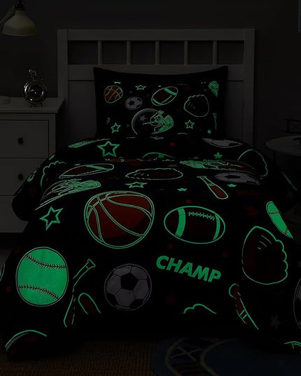 Sports Ball Games Twin Comforter Set with Sheets - 5 Pieces Kids Twin Bedding Sets for Boys, Glow in The Dark Baseball Basketball Football Soccer Twin Bed in a Bag for Kids, Teens - LeafyLoom