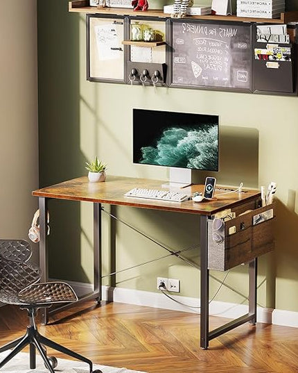 KKL Small Desk with Power Outlets and USB Port Computer Desk for Home Office Gaming Simple Modern Style Writing Desks with Storage Bag Headphone Hook, 32 inch, Rustic Brown - LeafyLoom