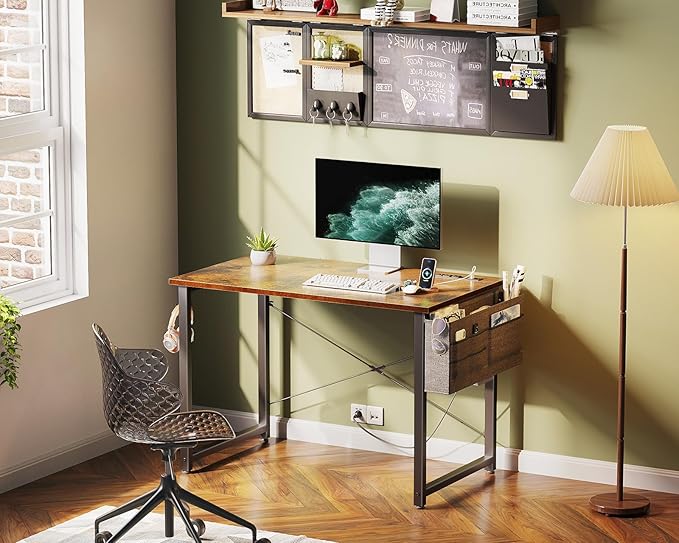 KKL Small Desk with Power Outlets and USB Port Computer Desk for Home Office Gaming Simple Modern Style Writing Desks with Storage Bag Headphone Hook, 32 inch, Rustic Brown - LeafyLoom