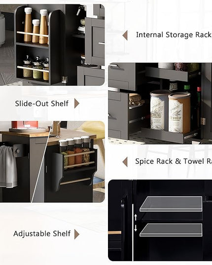 Mobile Island, Spice Tower, Rolling Kitchen Cart on Wheels w/Rubber Wood Top, 3 Drawer, 2 Slide-Out Shelf and Internal Storage Rack, Black, 50 Inch - LeafyLoom