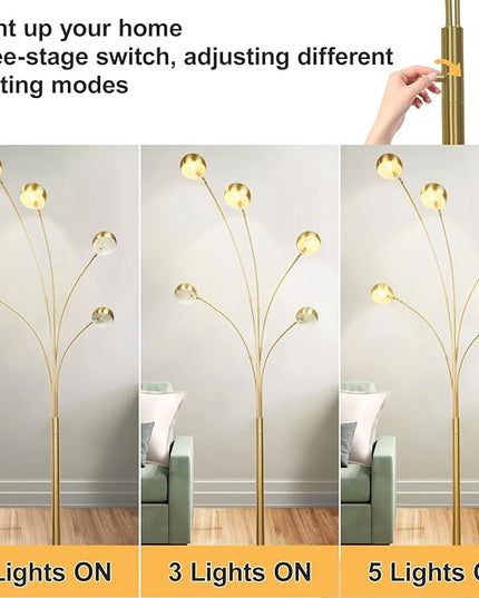 Depuley 5-Light Modern LED Floor Lamp, Adjustable Metal Tall Standing Lamps with Marble Base, Dimmable Spider Floor Lamps with Flexible Rotating Lights for Living Room(Gold, E12 Bulbs Included) - LeafyLoom