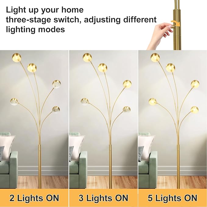 Depuley 5-Light Modern LED Floor Lamp, Adjustable Metal Tall Standing Lamps with Marble Base, Dimmable Spider Floor Lamps with Flexible Rotating Lights for Living Room(Gold, E12 Bulbs Included) - LeafyLoom