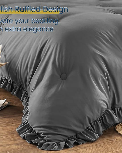 Twin Bed in a Bag 5 Pieces Comforter Set Twin, Ruffle Shabby Chic Bedding Comforter Set Dark Grey Bed Set with Comforter, Pillowcase, Flat Sheet, Fitted Sheet and Pillow Sham - LeafyLoom