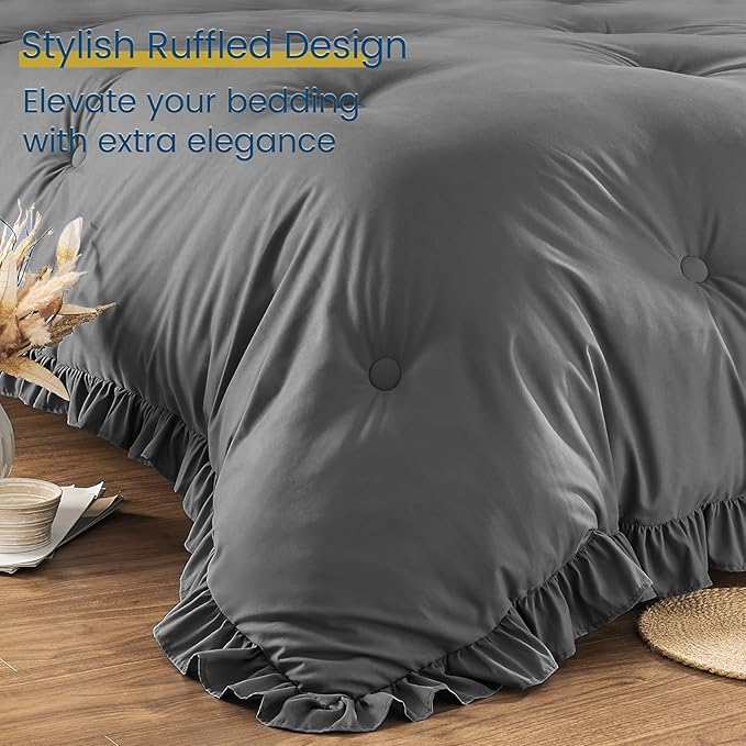 Twin Bed in a Bag 5 Pieces Comforter Set Twin, Ruffle Shabby Chic Bedding Comforter Set Dark Grey Bed Set with Comforter, Pillowcase, Flat Sheet, Fitted Sheet and Pillow Sham - LeafyLoom