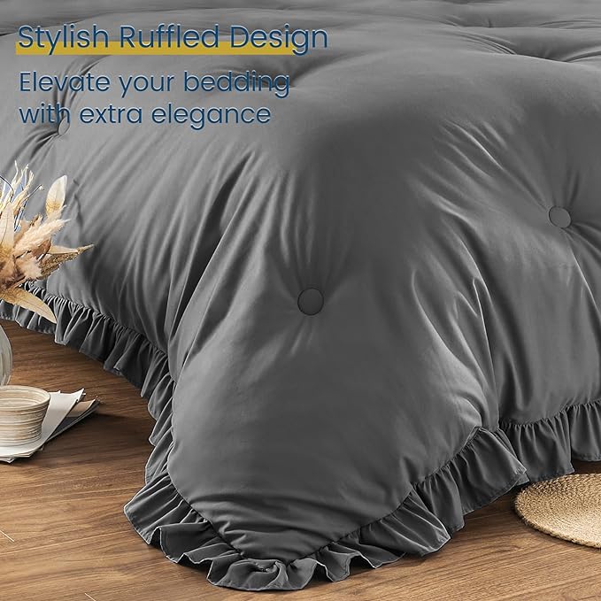 King Size Bed in a Bag 7 Pieces King Size Comforter Set, Ruffle Shabby Chic Bedding Comforter Set Dark Grey Bed Set with Comforter, Pillowcases, Flat Sheet, Fitted Sheet and Pillow Shams - LeafyLoom