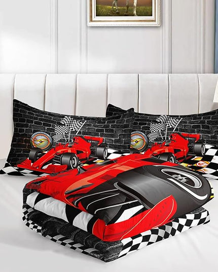 Axolotl Race Car Comforter Set Queen Size,Extreme Sports Bedding Set for Boys Teens Kids Girls Room Decor,Cool Speed Car Quilt Bed Set with 1 Comforter 2 Pillowcases Car Racing Gifts,Black Red - LeafyLoom