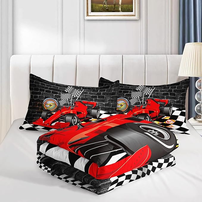 Axolotl Race Car Comforter Set Full Size,Extreme Sports Bedding Set for Boys Teens Kids Girls Room Decor,Cool Speed Car Quilt Bed Set with 1 Comforter 2 Pillowcases Car Racing Gifts,Black Red - LeafyLoom