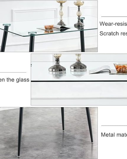 NicBex 51.2Inch Rectangular Dining Table,Minimalist Kitchen Table with Tempered Glass Tabletop and Black Metal Legs for 4 to 6,Dining Room Table for Kitchen,Meeting Room and Living Room,Transparent - LeafyLoom