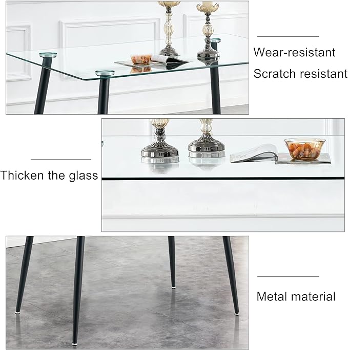 NicBex 51.2Inch Rectangular Dining Table,Minimalist Kitchen Table with Tempered Glass Tabletop and Black Metal Legs for 4 to 6,Dining Room Table for Kitchen,Meeting Room and Living Room,Transparent - LeafyLoom