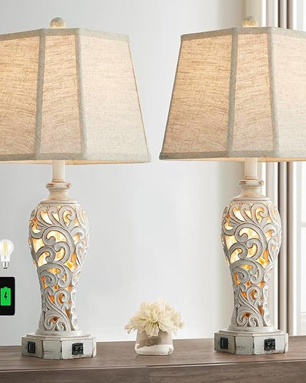 Set of 2 Rustic Table Lamps for Living Room Bedroom, Farmhouse Vintage Nightstand Lamp with 2 USB Ports, Hollow Out Resin Lamp for End Table with Nightlight, Bulbs Included (Wash White) - LeafyLoom