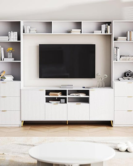 Merax 4-Piece Entertainment Wall Unit with 13 Shelves, 8 Drawers, and 2 Cabinets, Multifunctional TV Stand Media Storage Cabinet with Fluted Line Surface for Living Room, White - LeafyLoom