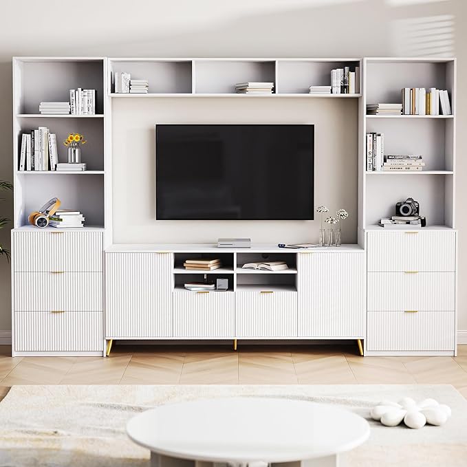 Merax 4-Piece Entertainment Wall Unit with 13 Shelves, 8 Drawers, and 2 Cabinets, Multifunctional TV Stand Media Storage Cabinet with Fluted Line Surface for Living Room, White - LeafyLoom