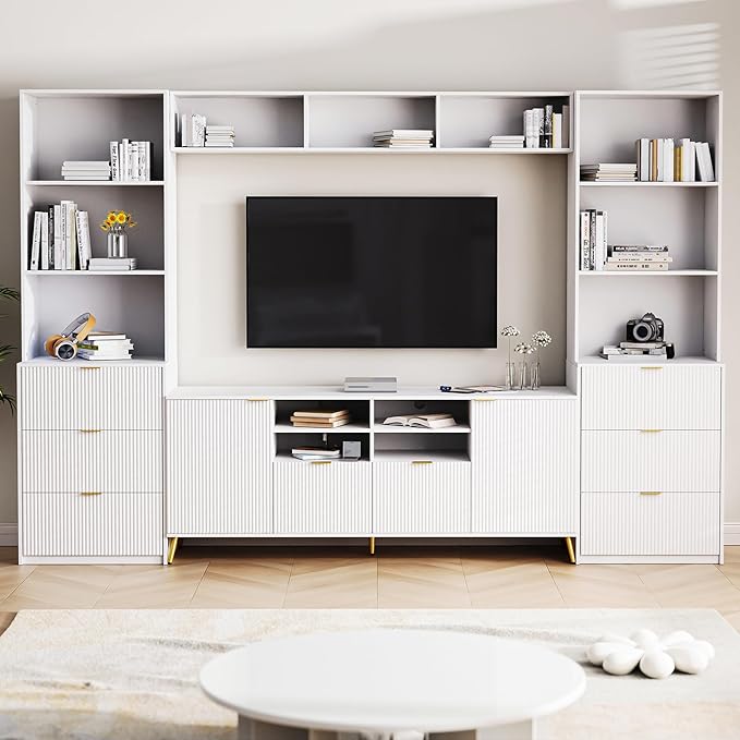 Entertainment Wall Unit with Bridge, TV Stand Media Console Table with 13 Shelves,8 Drawers and 2 Cabinets for Living Room, 112.5 Inch, White - LeafyLoom