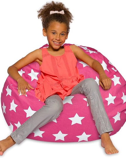 Posh Creations Bean Bag Chair for Kids, Teens, and Adults Includes Removable and Machine Washable Cover, 38in - Large, Canvas White Stars on Pink - LeafyLoom