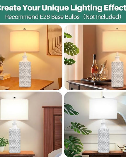 Brightever Ceramic Table Lamps Set of 2, 25'' Farmhouse Modern Nightstand Lamps for Living/Study Room, Bedroom, Office, Large Bedside Lamp with White Fabric Shade, Bulb not Included - LeafyLoom