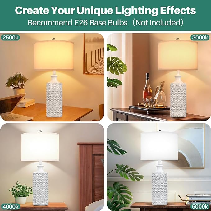 Brightever Ceramic Table Lamps Set of 2, 25'' Farmhouse Modern Nightstand Lamps for Living/Study Room, Bedroom, Office, Large Bedside Lamp with White Fabric Shade, Bulb not Included - LeafyLoom