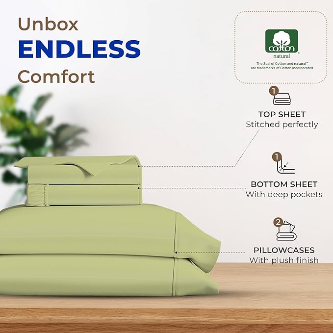 THREAD SPREAD 600 Thread Count Sheets Queen - 100% Egyptian Cotton Sheets Queen Size, 4 PC Luxury Sheets Queen Size, Soft, Cooling, Extra Long Staple 16" Deep Pocket Queen Bed Sheet Set - Sage Green - LeafyLoom