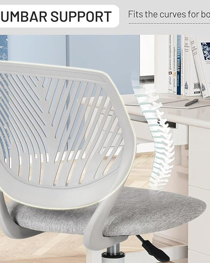 FurnitureR Desk Chair Armless, Study Computer Chair Adjustable Swivel for Student Children Kids, Comfy Cute Home Office Chair Fabric Seating Cushion and Plastic Low-Back with Rolling Wheels, Grey - LeafyLoom